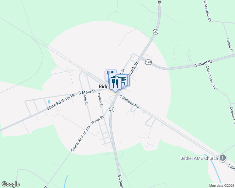 map of restaurants, bars, coffee shops, grocery stores, and more near South Carolina 27 in Ridgeville