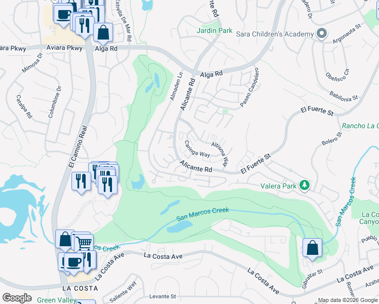 map of restaurants, bars, coffee shops, grocery stores, and more near 2349 Caringa Way in Carlsbad