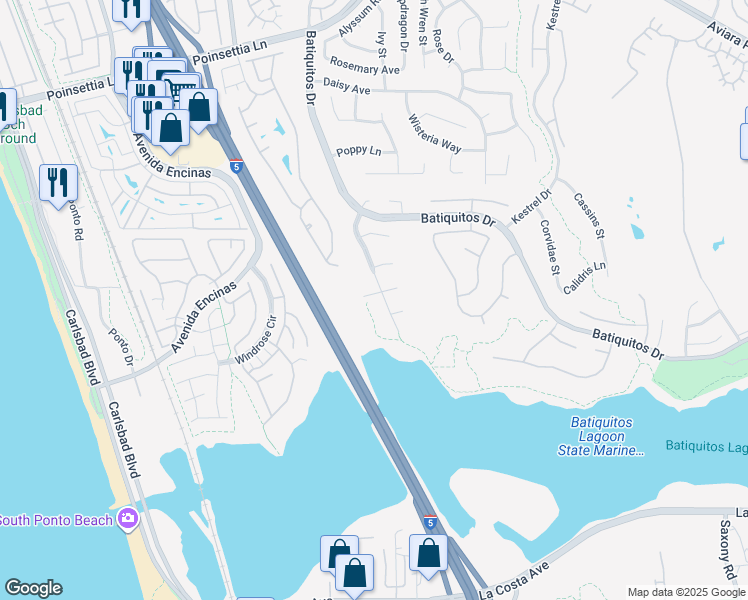 map of restaurants, bars, coffee shops, grocery stores, and more near 889 Piovana Court in Carlsbad