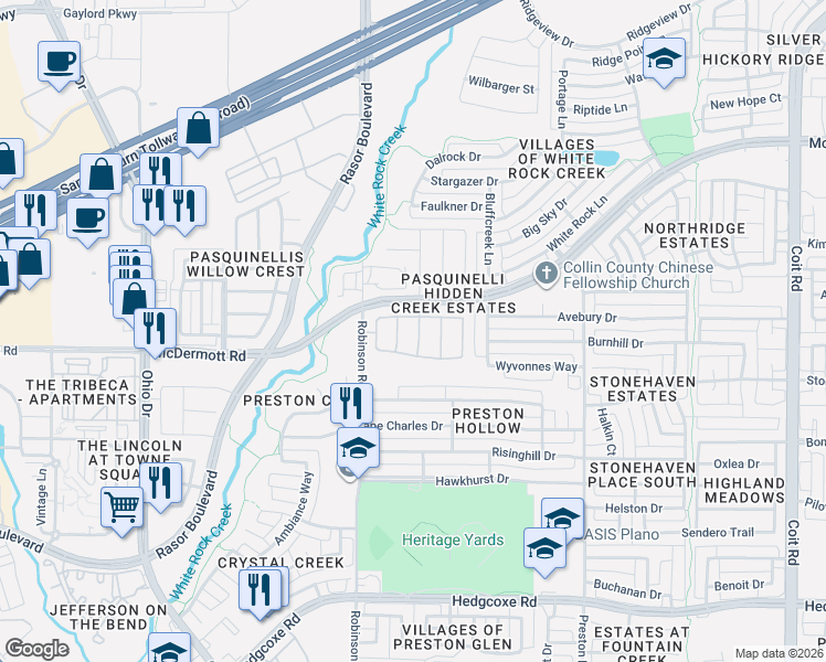 map of restaurants, bars, coffee shops, grocery stores, and more near 8516 Heather Ridge Drive in Plano