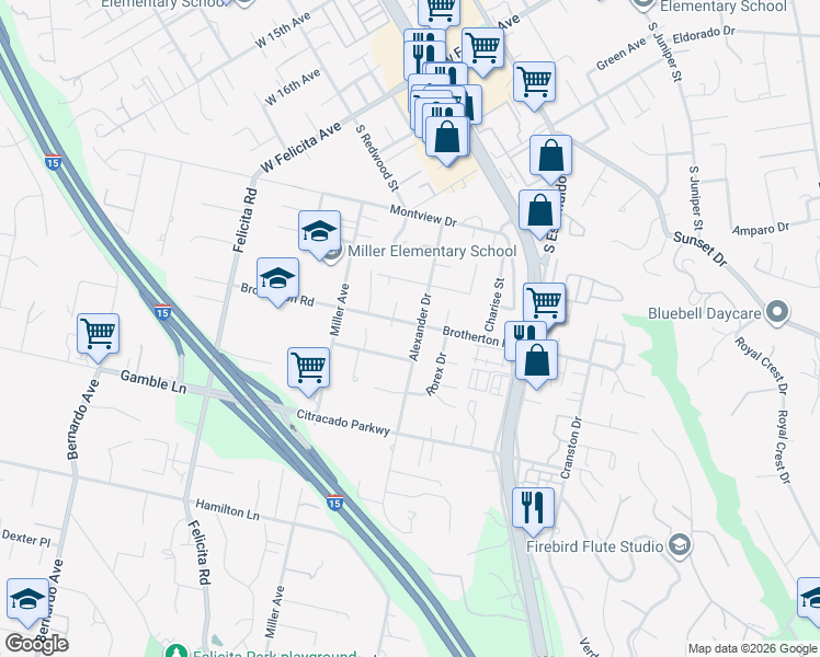 map of restaurants, bars, coffee shops, grocery stores, and more near 2011 Alexander Drive in Escondido
