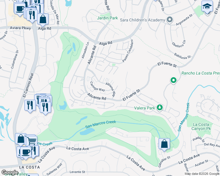 map of restaurants, bars, coffee shops, grocery stores, and more near 2399 Caringa Way in Carlsbad