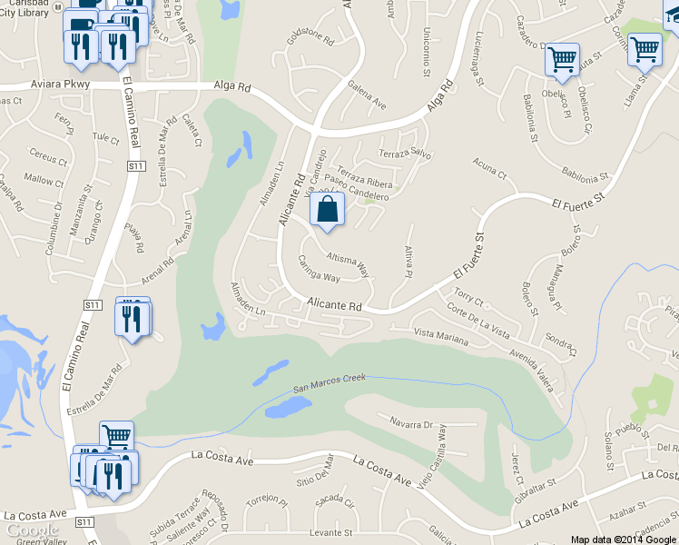 map of restaurants, bars, coffee shops, grocery stores, and more near 2379 Caringa Way in Carlsbad