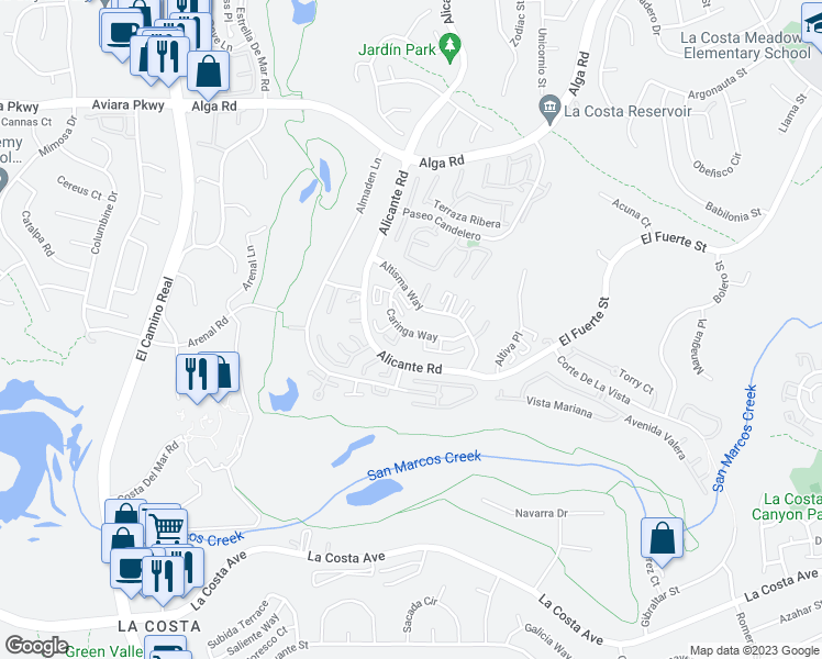map of restaurants, bars, coffee shops, grocery stores, and more near 2347 Caringa Way in Carlsbad