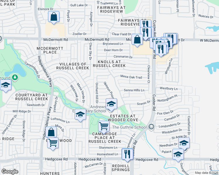 map of restaurants, bars, coffee shops, grocery stores, and more near 8504 Quinton Point Drive in Plano