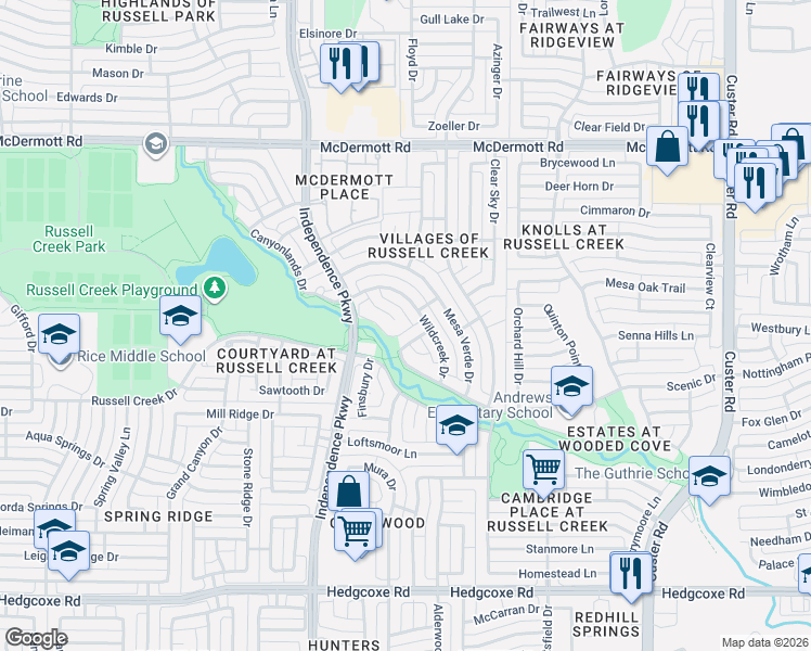 map of restaurants, bars, coffee shops, grocery stores, and more near 8605 Crested Cove Court in Plano