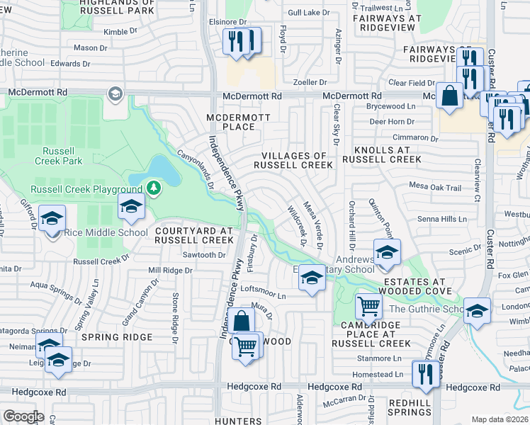 map of restaurants, bars, coffee shops, grocery stores, and more near 8605 Crested Cove Court in Plano