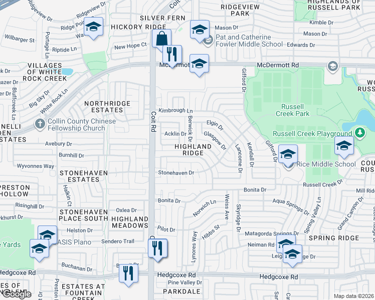 map of restaurants, bars, coffee shops, grocery stores, and more near 3837 Evesham Drive in Plano