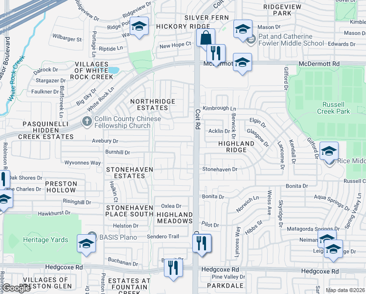 map of restaurants, bars, coffee shops, grocery stores, and more near 8517 Maltby Court in Plano