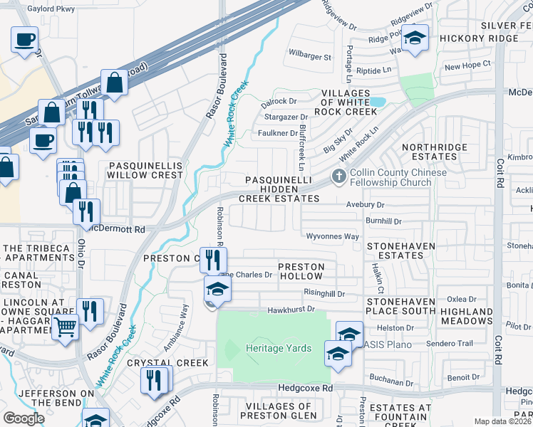 map of restaurants, bars, coffee shops, grocery stores, and more near 8516 Heather Ridge Drive in Plano