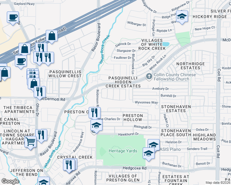 map of restaurants, bars, coffee shops, grocery stores, and more near 8516 Heather Ridge Drive in Plano