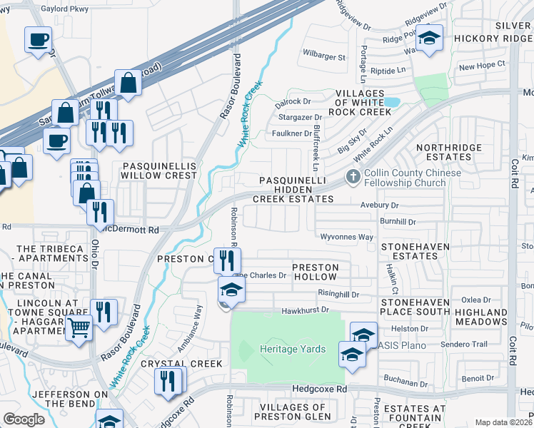 map of restaurants, bars, coffee shops, grocery stores, and more near 8516 Heather Ridge Drive in Plano