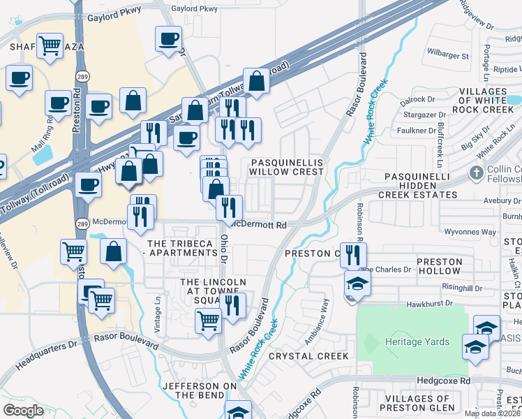 map of restaurants, bars, coffee shops, grocery stores, and more near 4688 Cecile Road in Plano