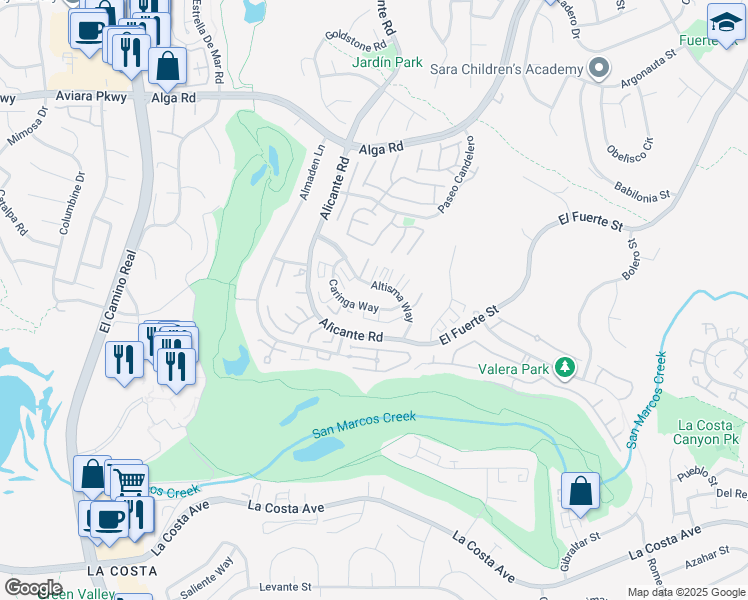 map of restaurants, bars, coffee shops, grocery stores, and more near 2379 Caringa Way in Carlsbad