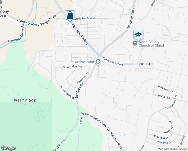 map of restaurants, bars, coffee shops, grocery stores, and more near 2179 Villa Flores Glen in Escondido