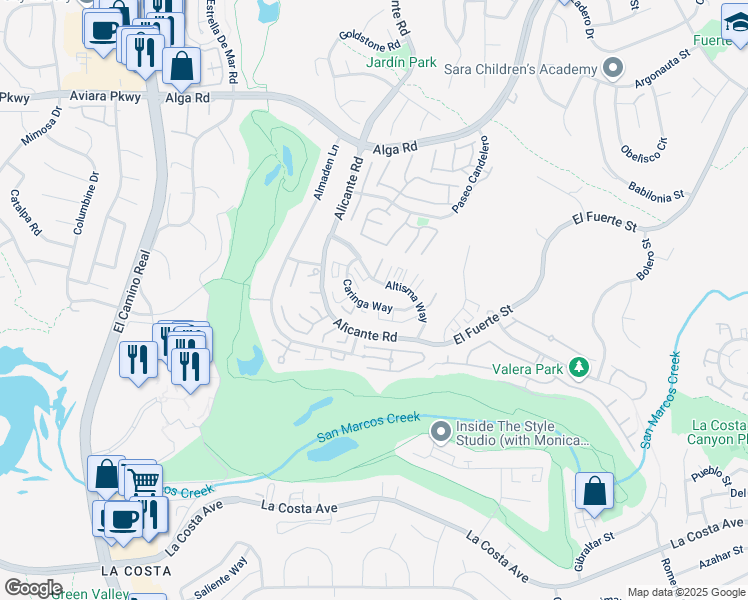 map of restaurants, bars, coffee shops, grocery stores, and more near 2340 Caringa Way in Carlsbad