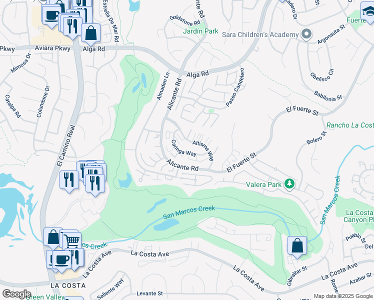 map of restaurants, bars, coffee shops, grocery stores, and more near 2340 Caringa Way in Carlsbad