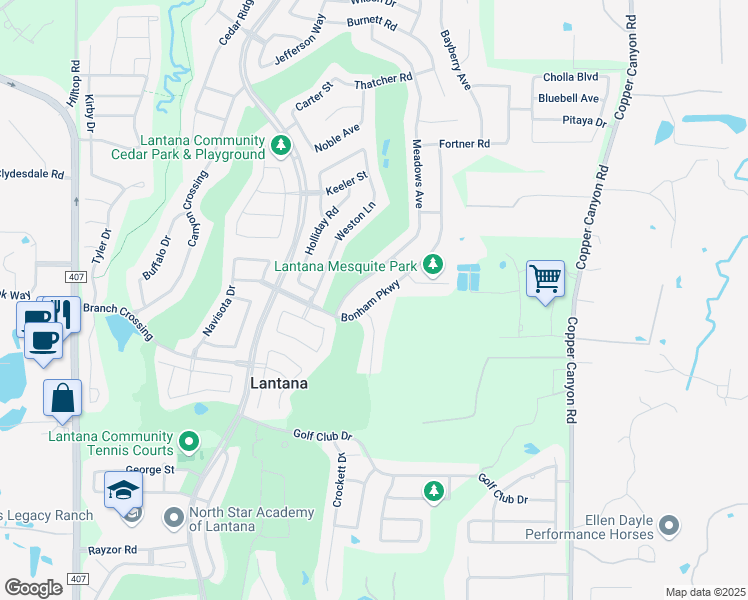 map of restaurants, bars, coffee shops, grocery stores, and more near Bonham Parkway in Lantana