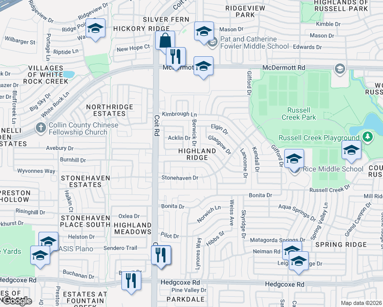 map of restaurants, bars, coffee shops, grocery stores, and more near 3837 Evesham Drive in Plano