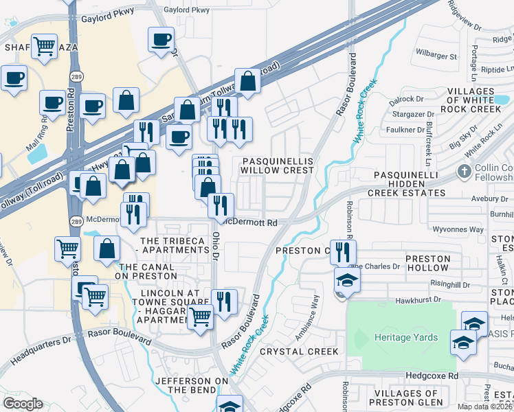 map of restaurants, bars, coffee shops, grocery stores, and more near 4675 Cecile Road in Plano