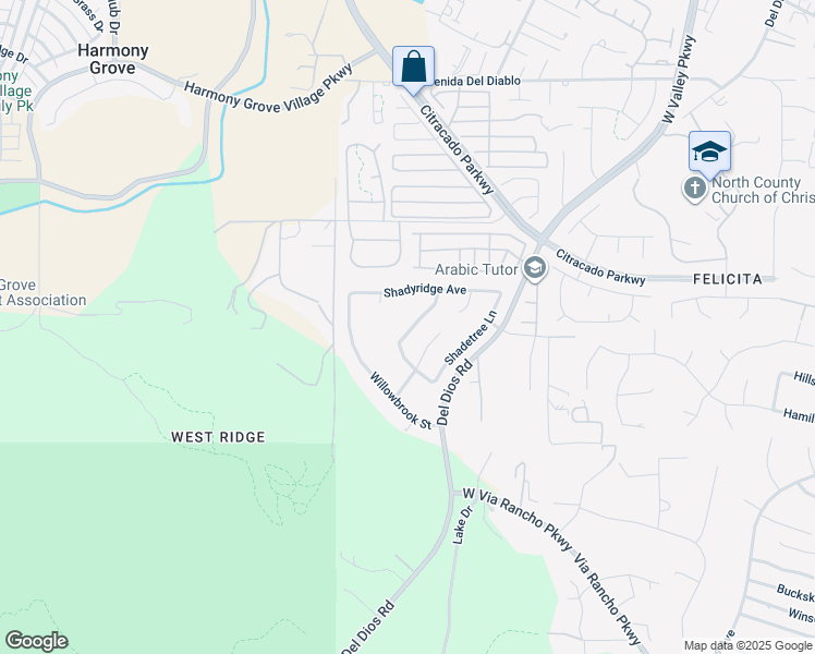 map of restaurants, bars, coffee shops, grocery stores, and more near 2133 Emberwood Way in Escondido