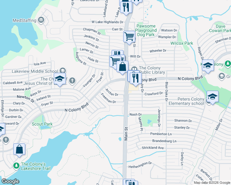 map of restaurants, bars, coffee shops, grocery stores, and more near 4641 Archer Drive in The Colony