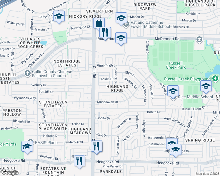 map of restaurants, bars, coffee shops, grocery stores, and more near 3900 Montrose Drive in Plano