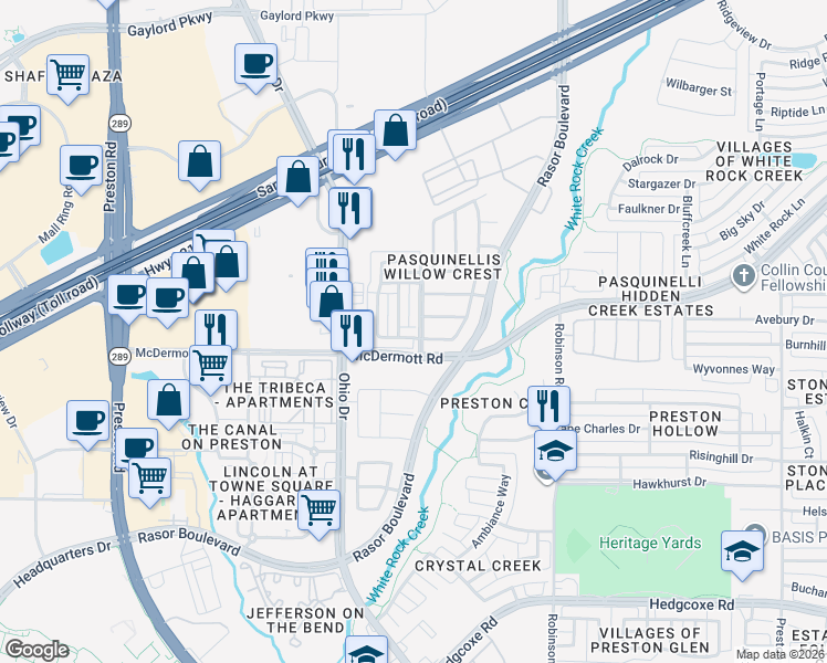map of restaurants, bars, coffee shops, grocery stores, and more near 8606 Empire Boulevard in Plano
