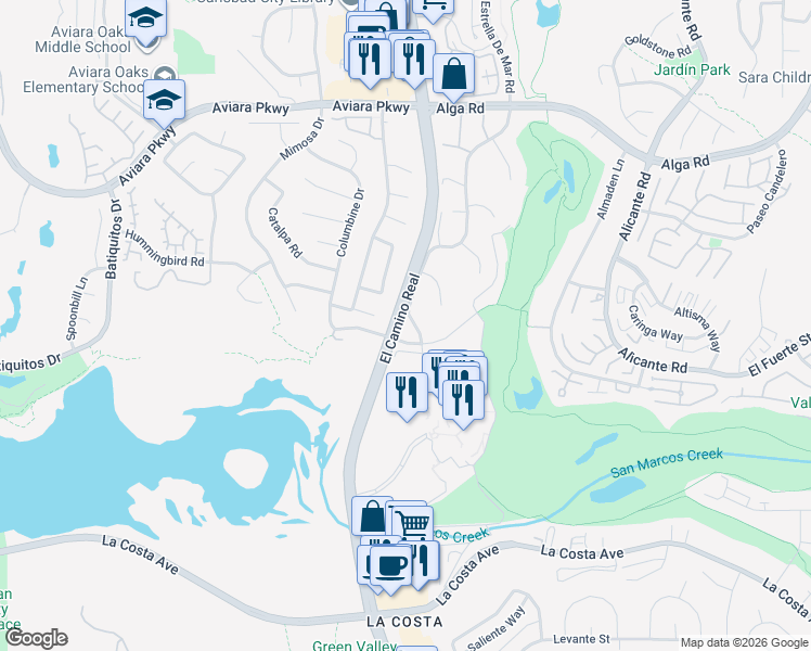 map of restaurants, bars, coffee shops, grocery stores, and more near 7261 Estrella De Mar Road in Carlsbad