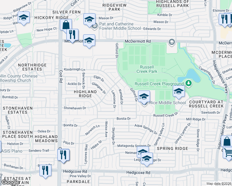 map of restaurants, bars, coffee shops, grocery stores, and more near 8601 Kendall Drive in Plano