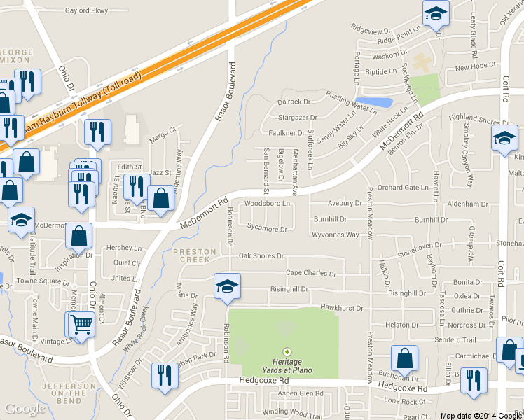 map of restaurants, bars, coffee shops, grocery stores, and more near 8516 Heather Ridge Drive in Plano
