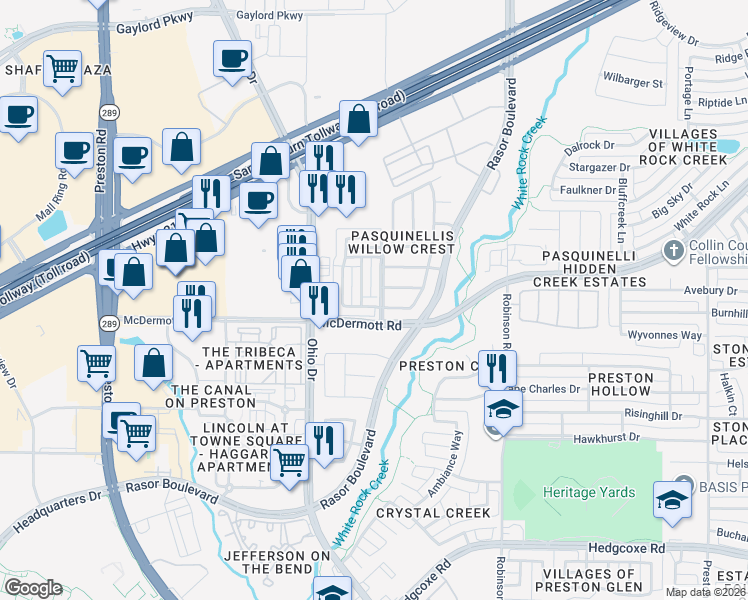 map of restaurants, bars, coffee shops, grocery stores, and more near 8606 Empire Boulevard in Plano