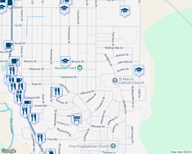 map of restaurants, bars, coffee shops, grocery stores, and more near 1205 Indiana Street in Graham