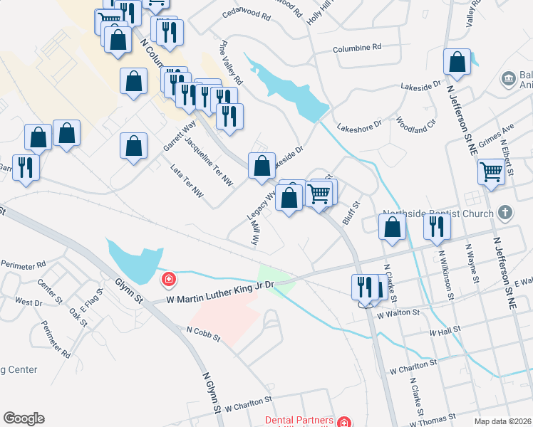 map of restaurants, bars, coffee shops, grocery stores, and more near 1498 N Columbia St in Milledgeville