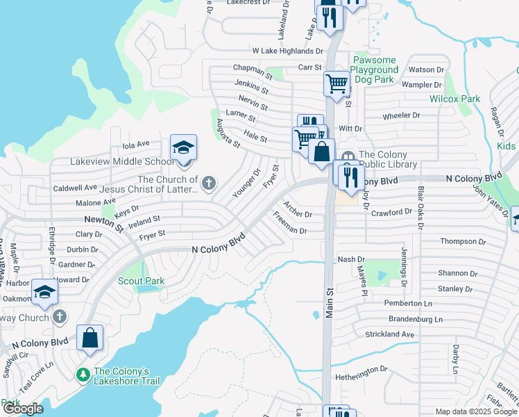 map of restaurants, bars, coffee shops, grocery stores, and more near 4600 Queen Circle in The Colony
