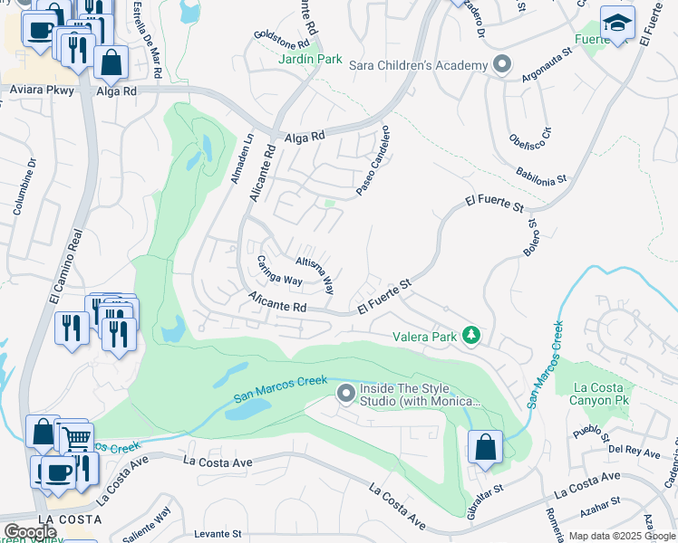 map of restaurants, bars, coffee shops, grocery stores, and more near 2402 Altisma Way in Carlsbad