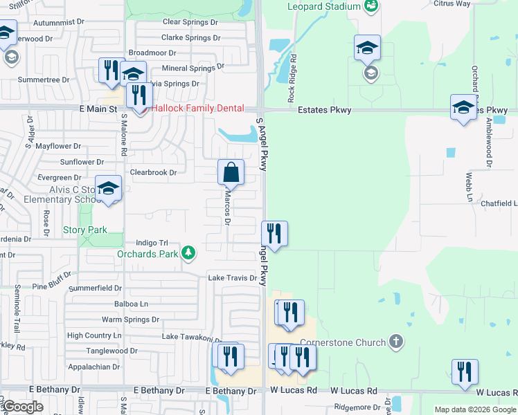map of restaurants, bars, coffee shops, grocery stores, and more near 1813 Roundrock Drive in Allen