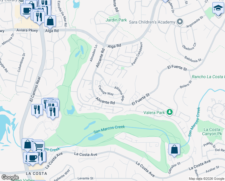 map of restaurants, bars, coffee shops, grocery stores, and more near 2385 Altisma Way in Carlsbad