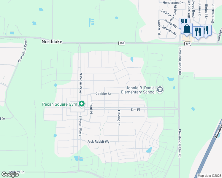 map of restaurants, bars, coffee shops, grocery stores, and more near 2413 Cobbler Street in Northlake