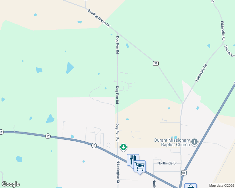 map of restaurants, bars, coffee shops, grocery stores, and more near 380 Dog Pen Road in Durant