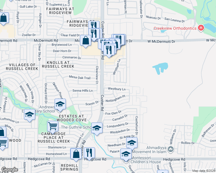 map of restaurants, bars, coffee shops, grocery stores, and more near 406 Majesty Drive in Allen
