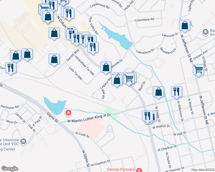 map of restaurants, bars, coffee shops, grocery stores, and more near 1498 N Columbia St in Milledgeville