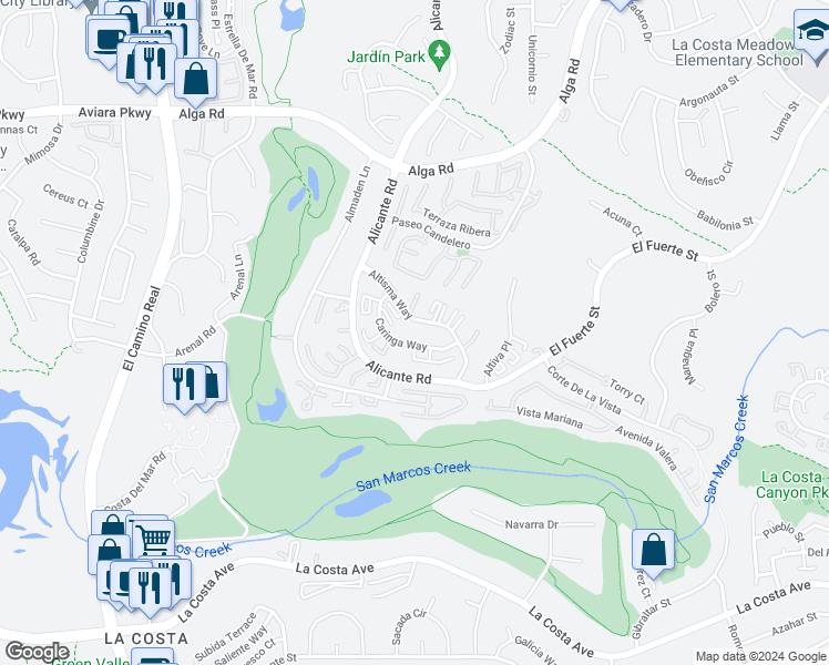 map of restaurants, bars, coffee shops, grocery stores, and more near 2344 Caringa Way in Carlsbad