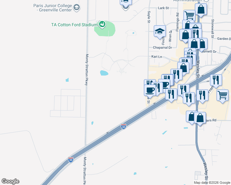 map of restaurants, bars, coffee shops, grocery stores, and more near 3800 Interstate Highway 30 in Greenville
