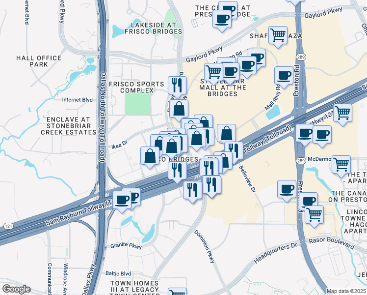 map of restaurants, bars, coffee shops, grocery stores, and more near Parkwood Blvd in Collin