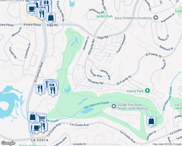 map of restaurants, bars, coffee shops, grocery stores, and more near 2347 Caringa Way in Carlsbad