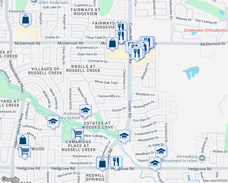 map of restaurants, bars, coffee shops, grocery stores, and more near 2212 Senna Hills Lane in Plano