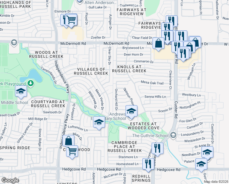 map of restaurants, bars, coffee shops, grocery stores, and more near 8500 High Meadows Drive in Plano