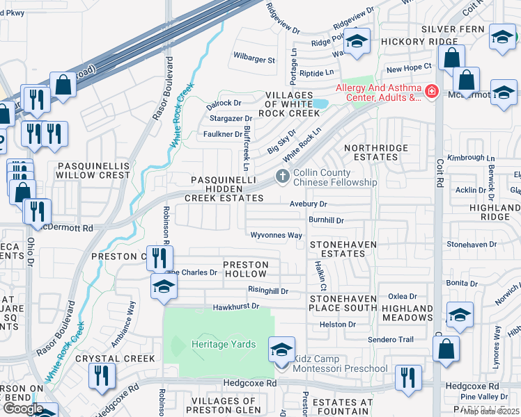 map of restaurants, bars, coffee shops, grocery stores, and more near 4528 Burnhill Drive in Plano