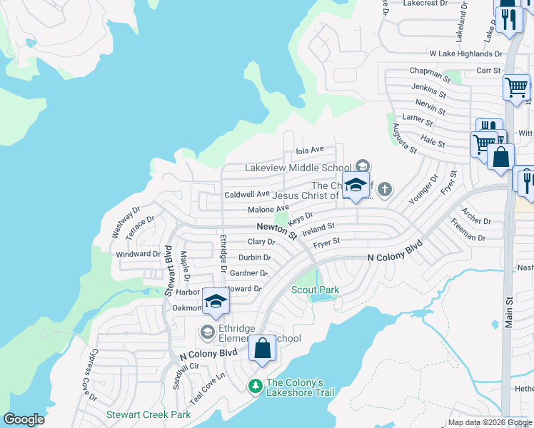 map of restaurants, bars, coffee shops, grocery stores, and more near 4145 Newton Street in The Colony